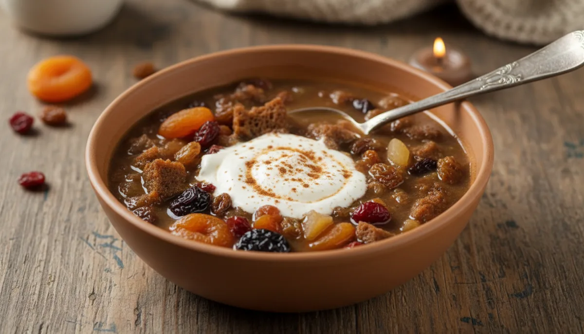 Lettische Roggenbrotsuppe mit Trockenfrüchten und Sahne
