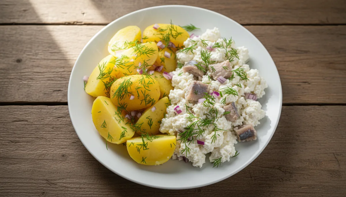 Latvian Siļķe ar Biezpienu and Boiled Potatoes