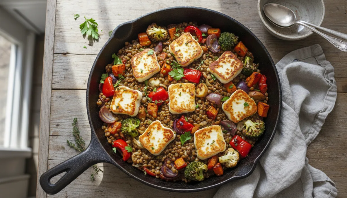Lentil and Halloumi Skillet with Roasted Vegetables
