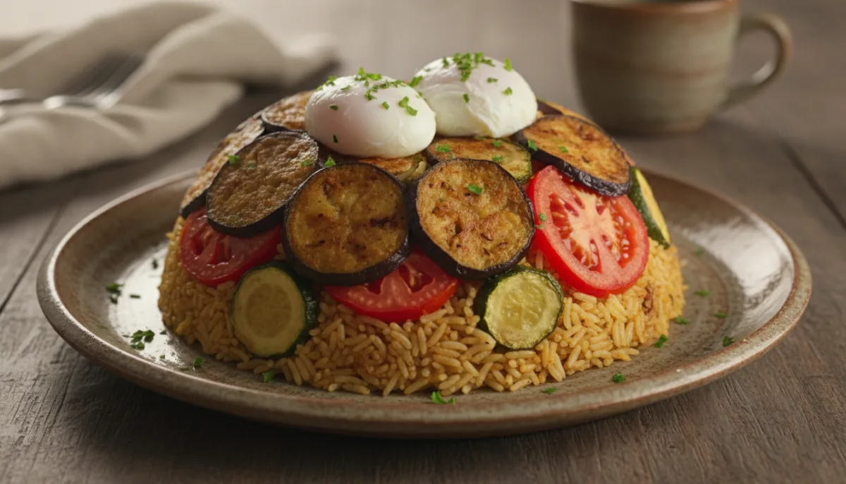 Libyan Maglouba with Poached Eggs