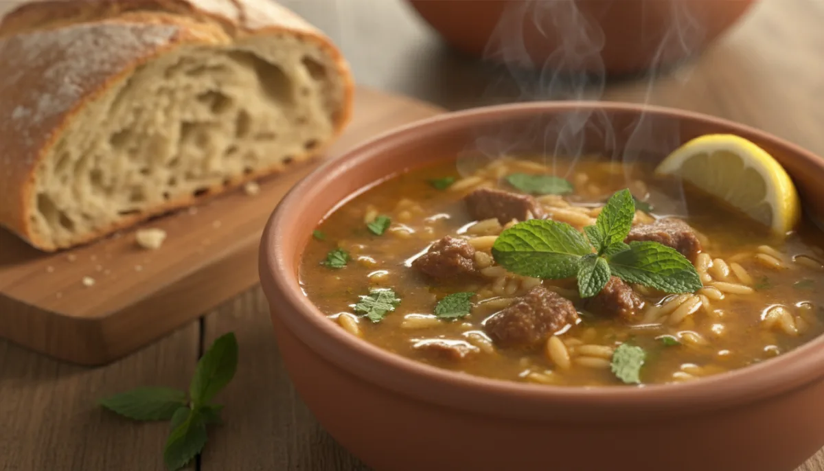 Libysche Shorba Libiya (Lamm-Orzo-Suppe) mit Minze