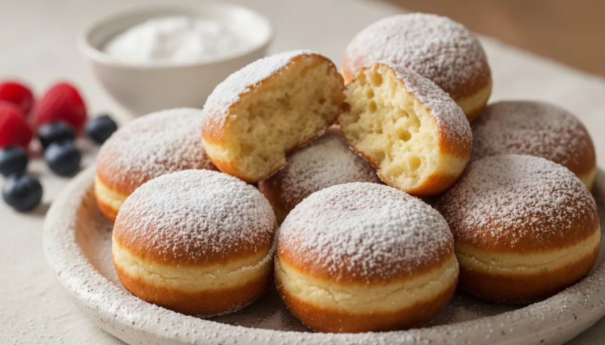 Lithuanian Curd Cheese Doughnuts (Spurgos) with Powdered Sugar