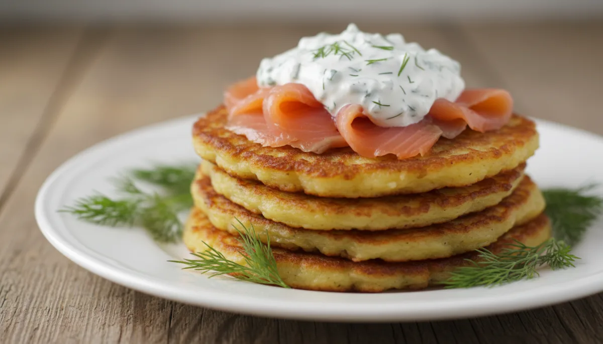 Litauische Kartoffelpuffer (Bulviniai Blynai) mit Räucherlachs und Dillcreme