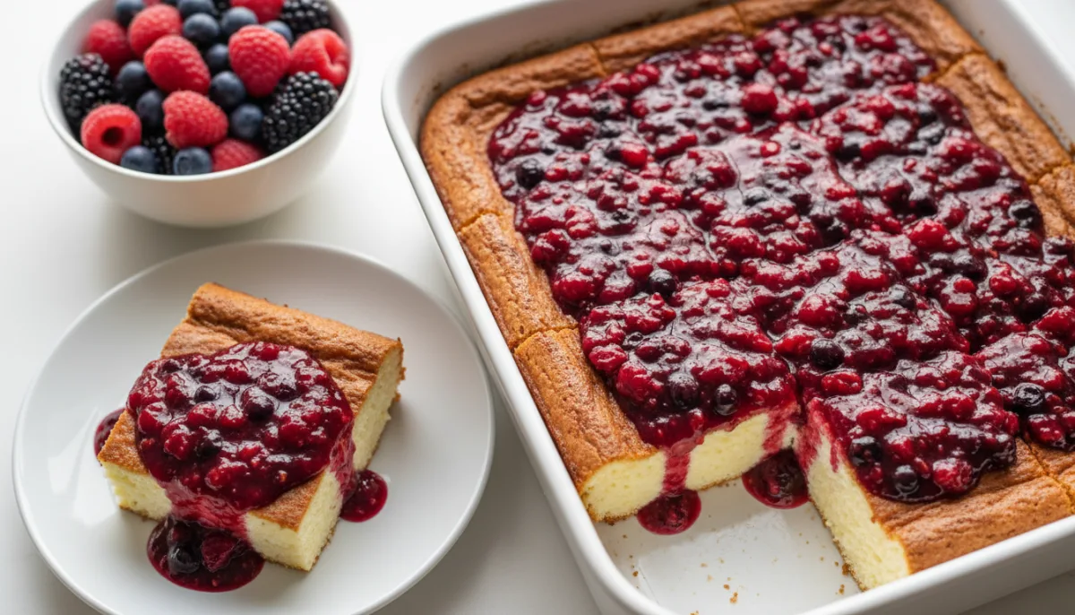 Lithuanian Varškės Apkepas (Baked Curd Cheese Pudding) with Berry Sauce