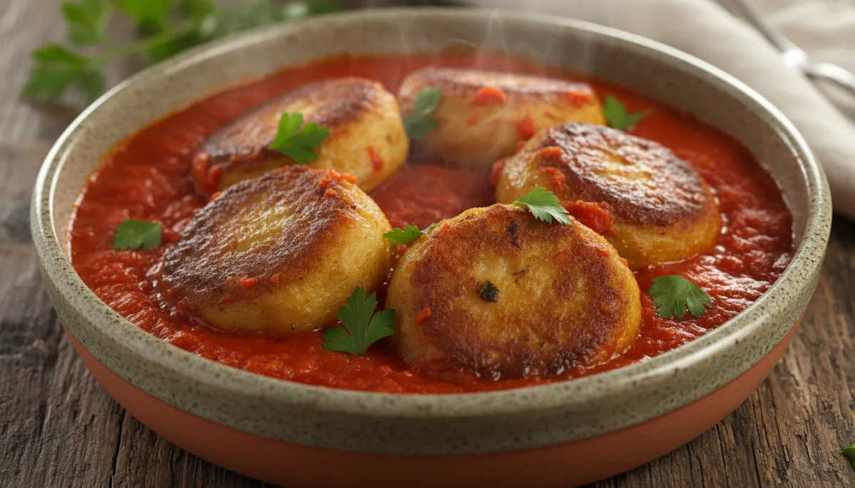 Mafrum: Stuffed Potato Patties in Tomato Sauce