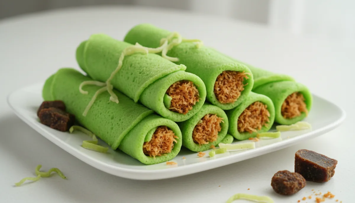 Petulla Malajziane me Kokos dhe Mbushje të Ëmbël Kokosi (Kuih Ketayap)