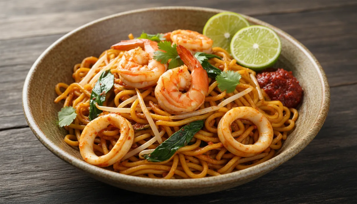 Nudel Malajziane të Skuqura me Ushqim Deti dhe Salcë Djegëse (Mee Goreng Mamak)
