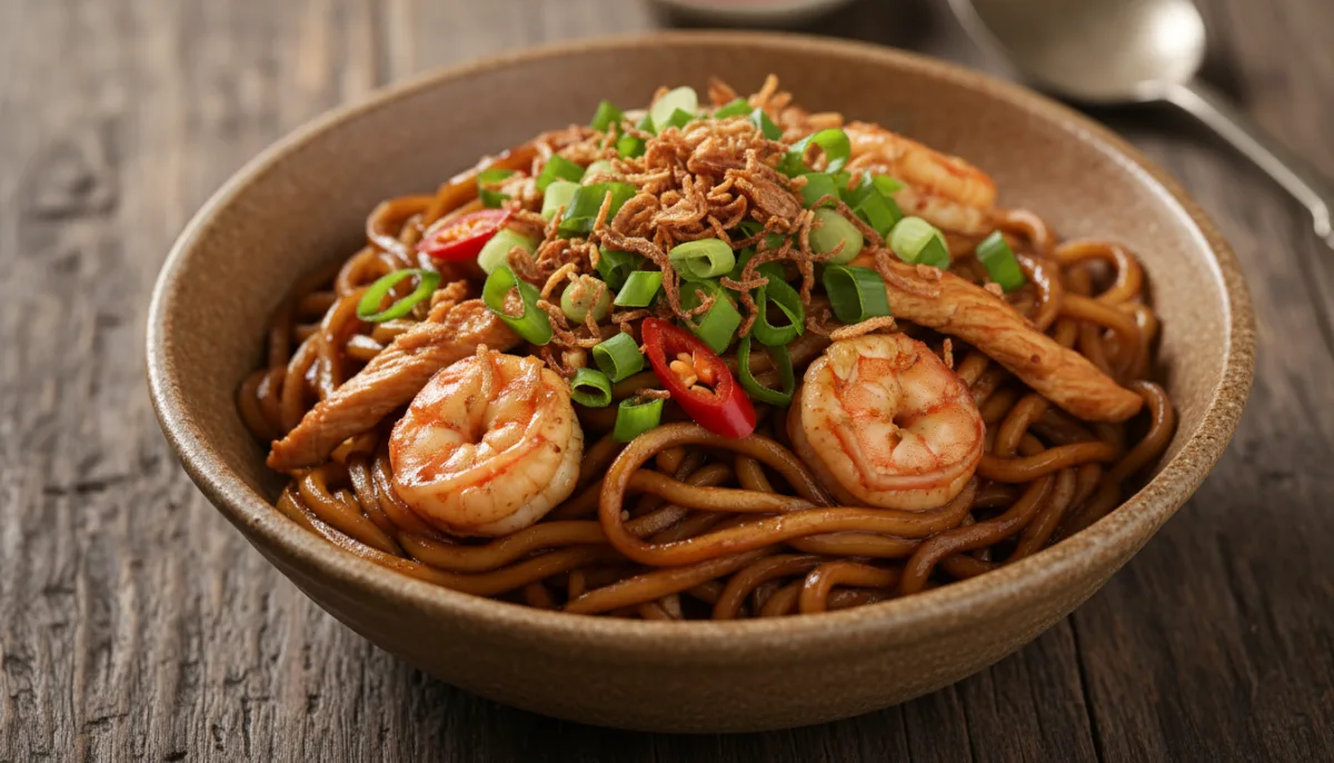 Hokkien Mee Malajzian (Nudel me Salcë Soje të Errët)