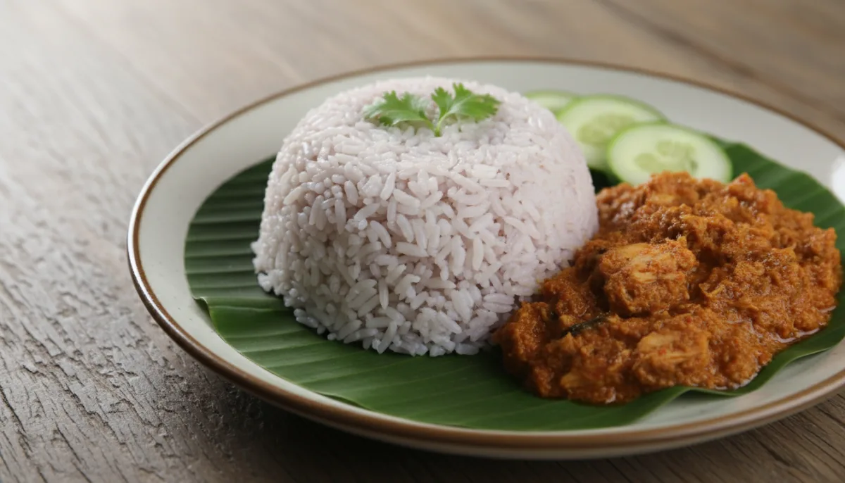 Nasi Dagang Malajzian me Peshk Ton në Salcë Kari