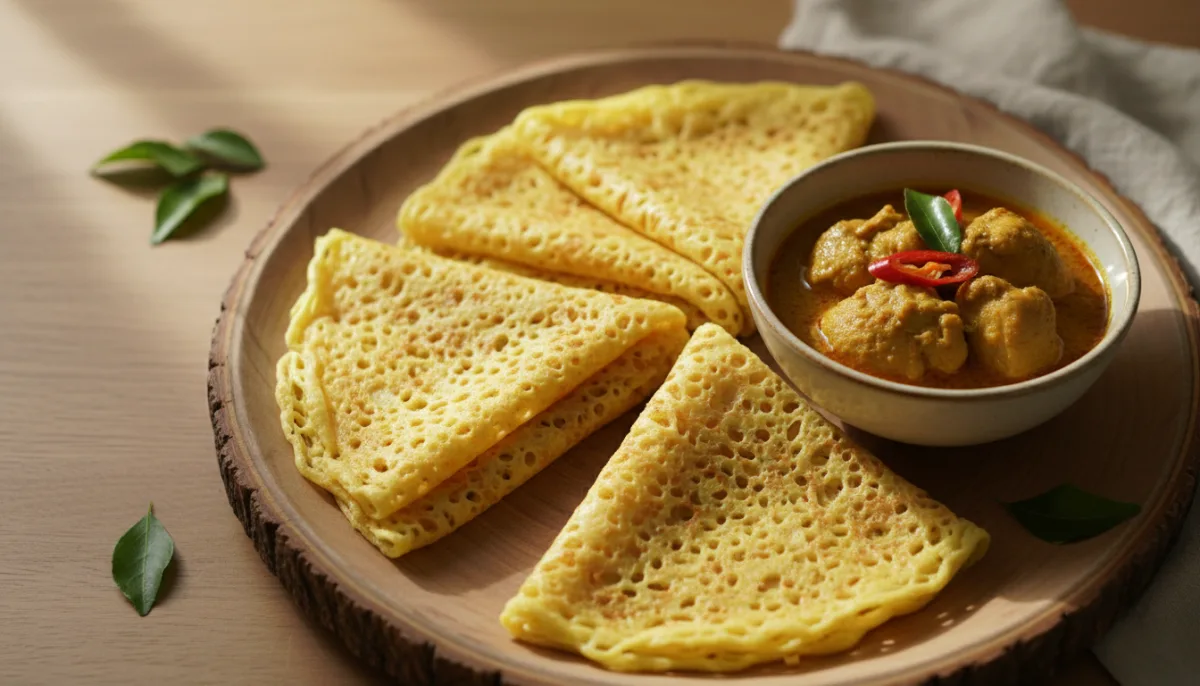 Roti Jala Malajziane me Salcë Kari Pule