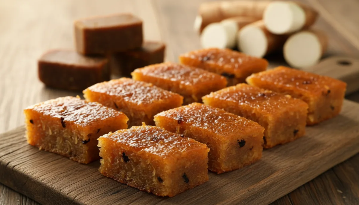 Pastel Malayo de Tapioca al Vapor con Gula Melaka (Kuih Bingka Ubi Kayu)
