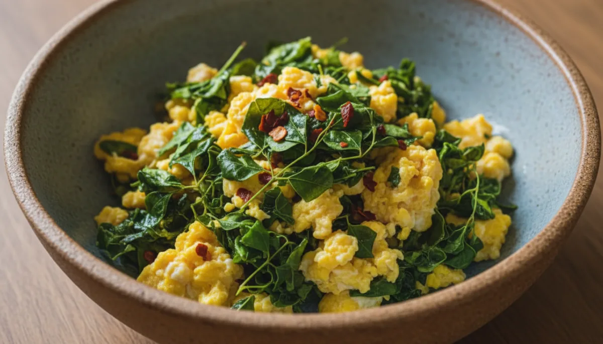 Maldivian Theluli Fai (Fried Moringa Leaves) with Scrambled Eggs