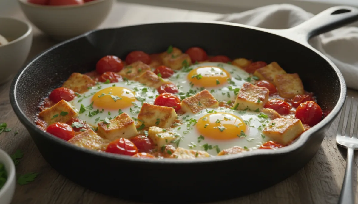 Uova al Forno Mediterranee con Halloumi e Pomodori