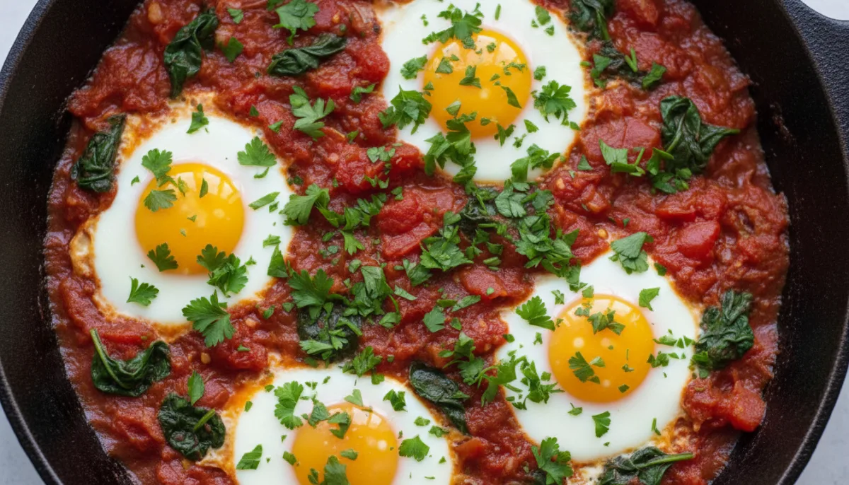 Mediterranean Baked Eggs with Spinach and Tomatoes