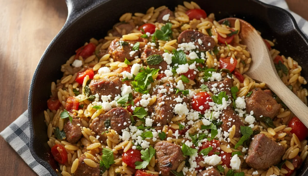 Tiganishte Mesdhetare me Mish Qengji dhe Orzo