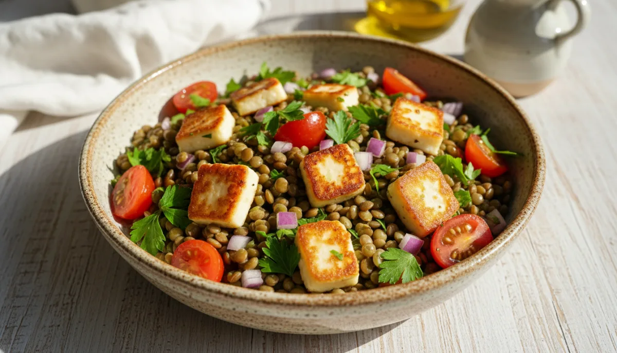 Sallatë Mesdhetare me Thjerrëza dhe Halloumi