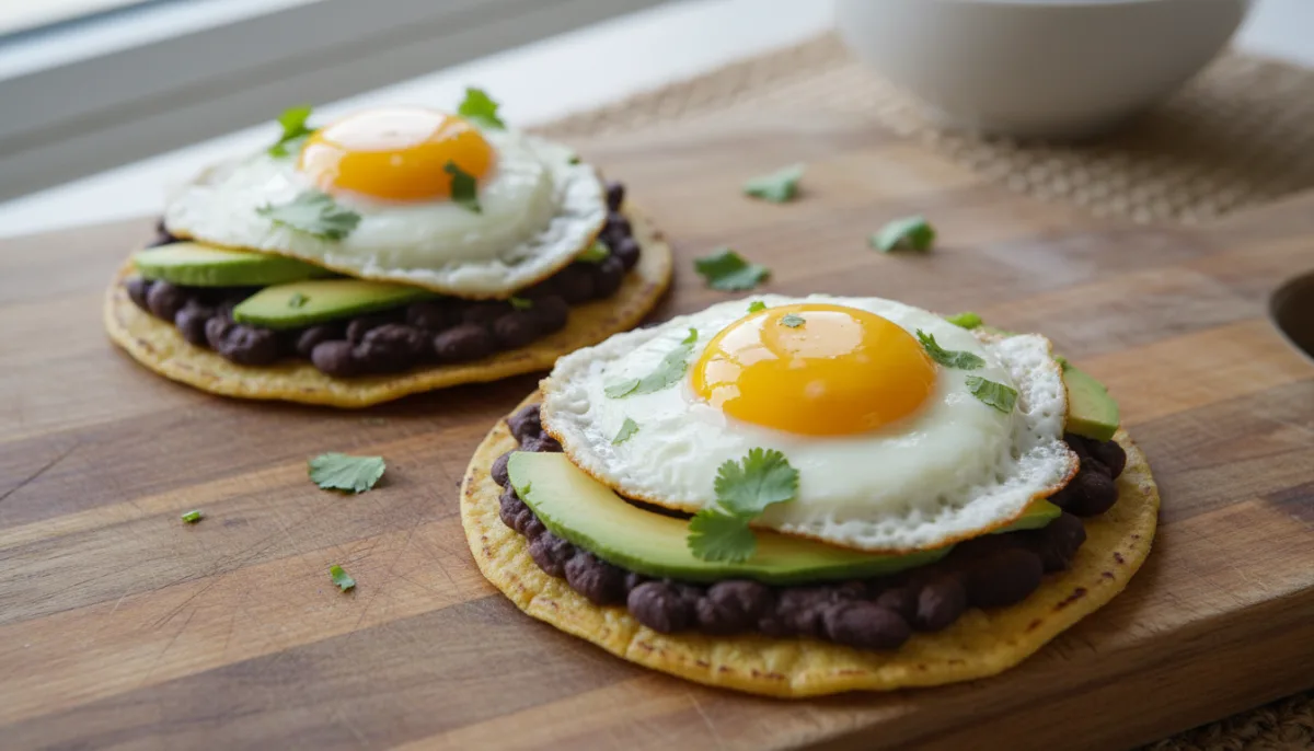 Tostada Meksikane për Mëngjes me Fasule të Zeza dhe Avokado