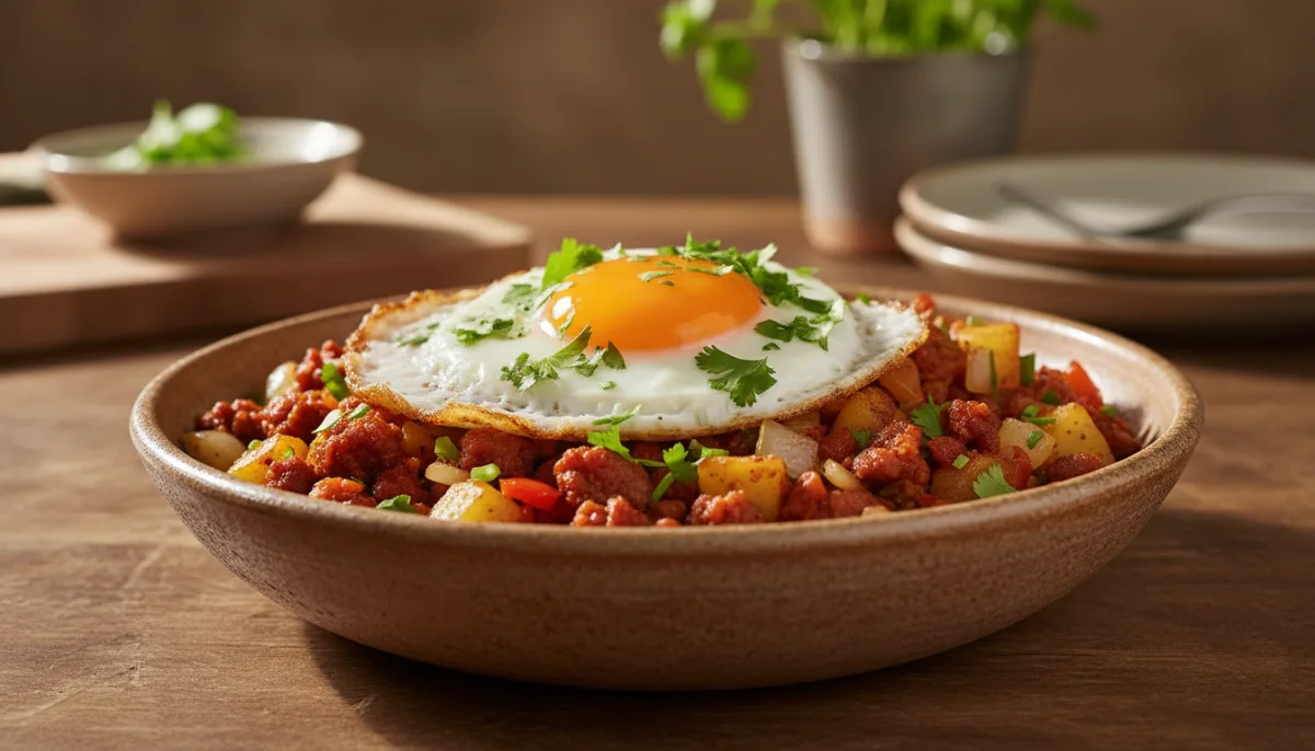 Hash me Patate dhe Chorizo Meksikane me Vezë të Fërguara