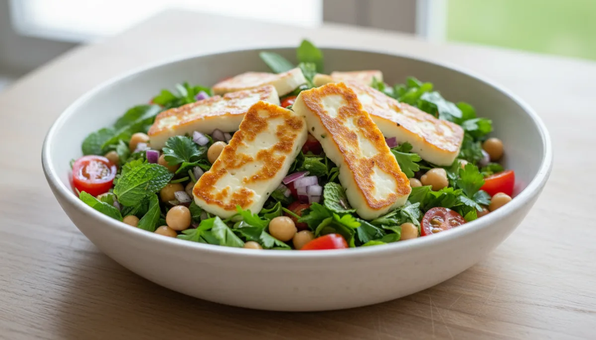 Middle Eastern Chickpea and Herb Salad with Halloumi
