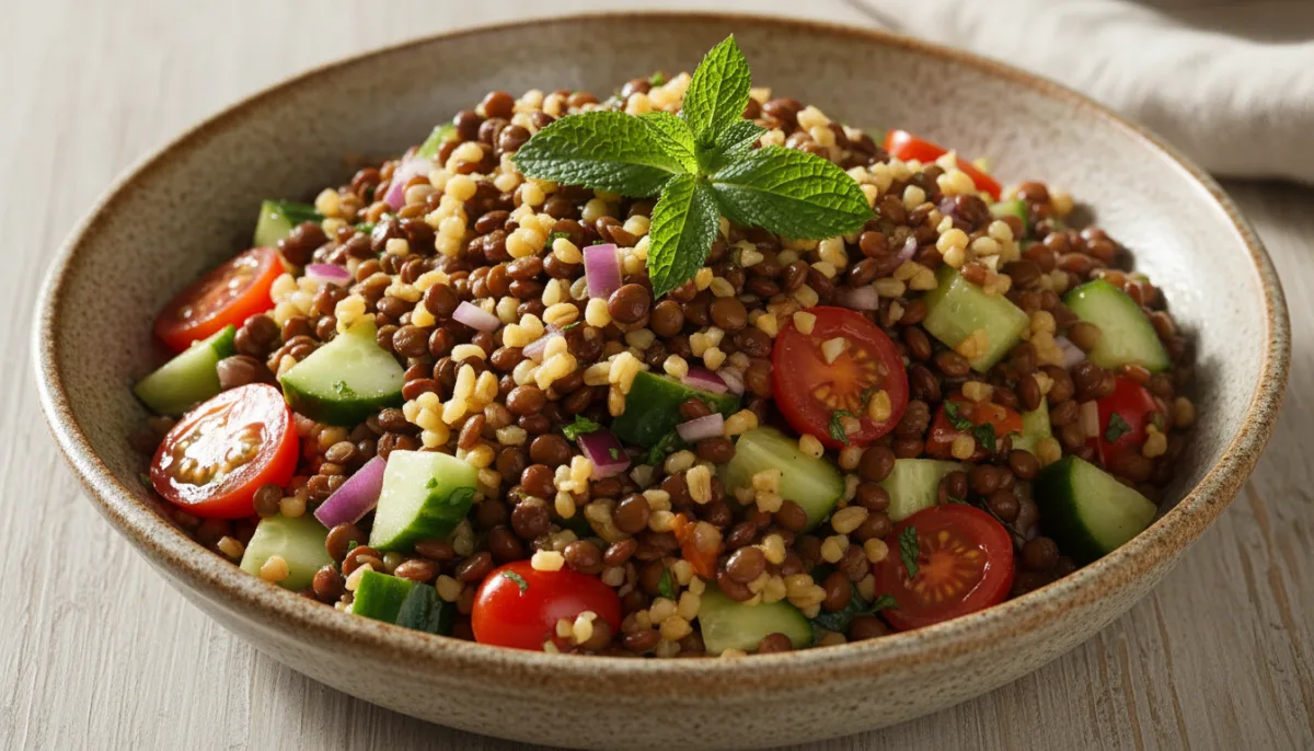 Sallatë me Thjerrëza dhe Bulgur Lindore (Sallatë Mujadara)