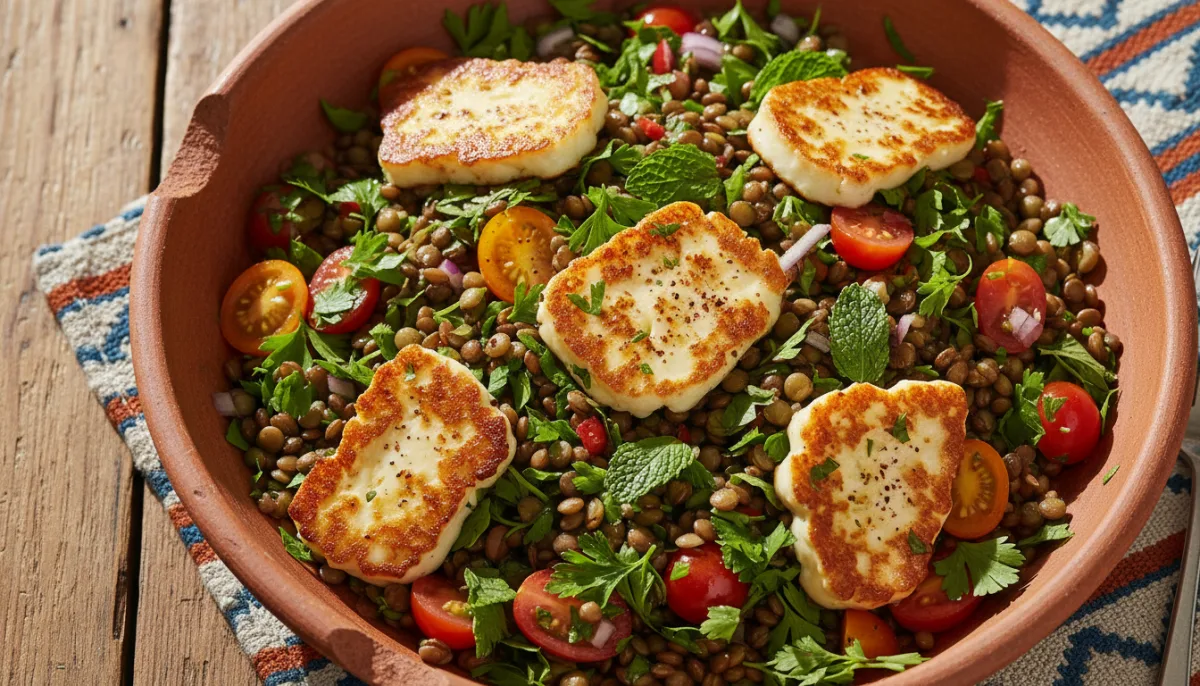 Sallatë me Thjerrëza dhe Erëza Lindore me Halloumi