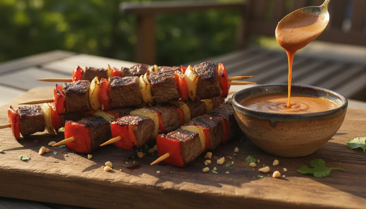 Grilled Mongolian Beef & Veggie Skewers with Spicy Peanut Dip