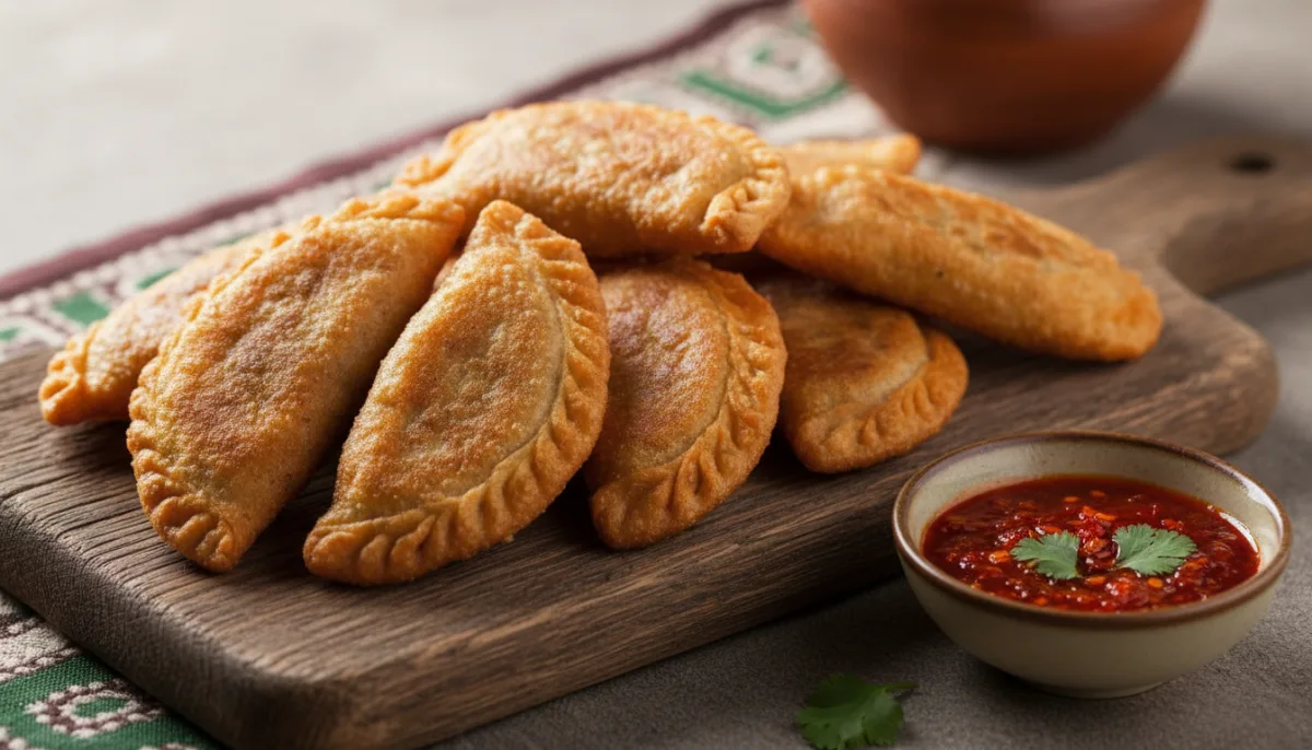 Mongolian Khuushuur (Fried Meat Dumplings) with Spicy Dipping Sauce