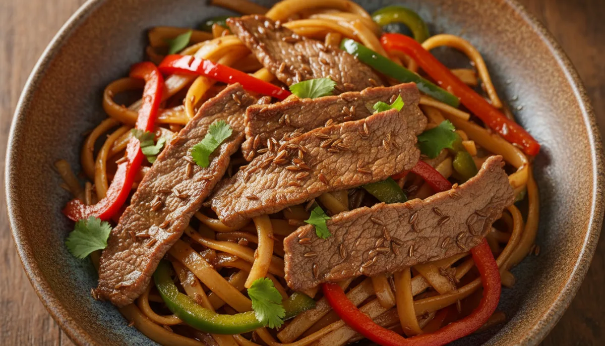 Mongolian Cumin Lamb Noodle Stir-Fry with Bell Peppers