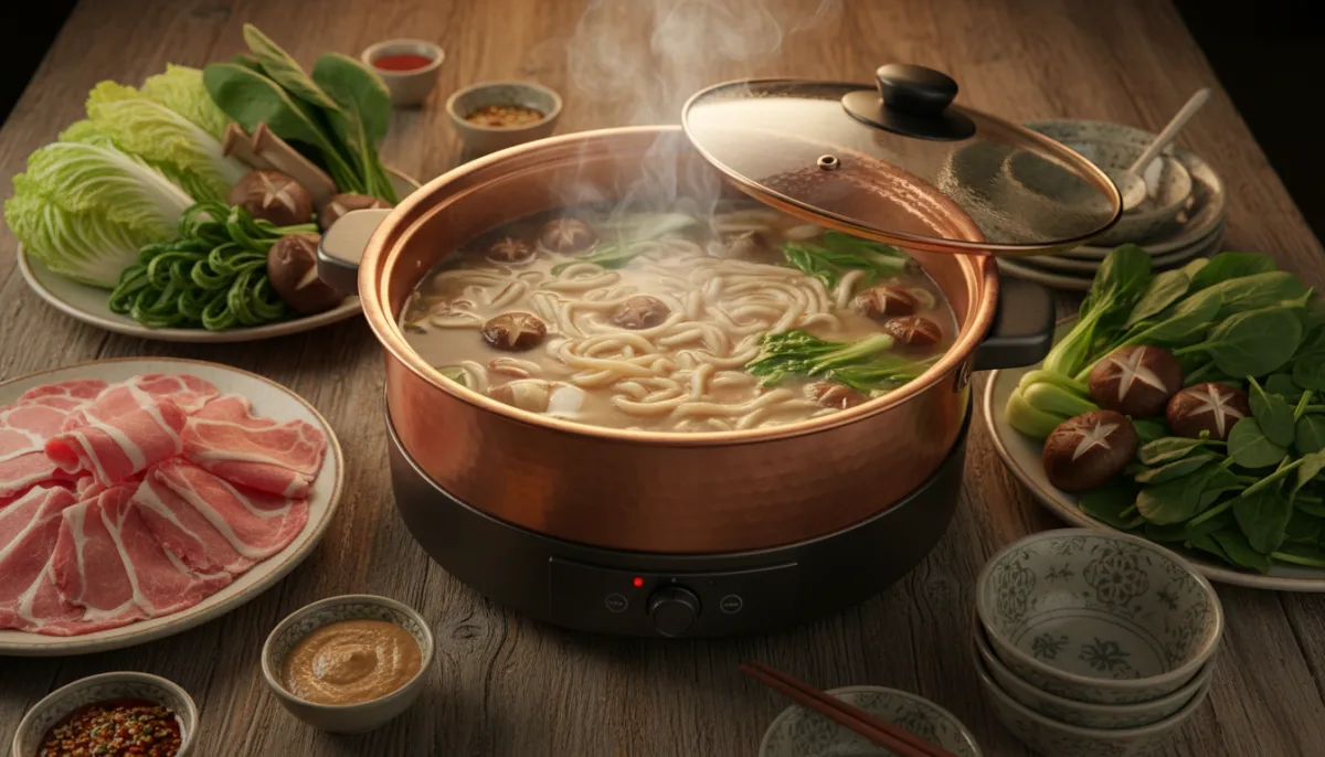Mongolian Lamb Hot Pot with Fresh Vegetables and Noodles