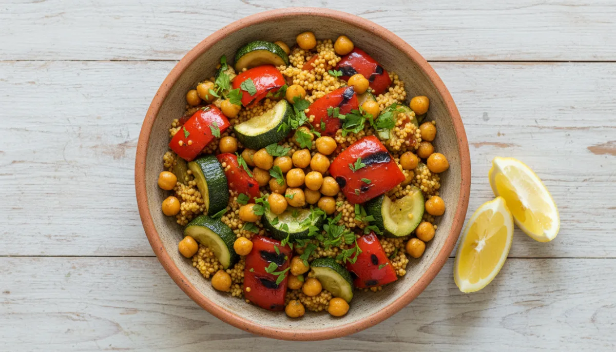 Moroccan Spiced Chickpea & Roasted Vegetable Couscous Bowl