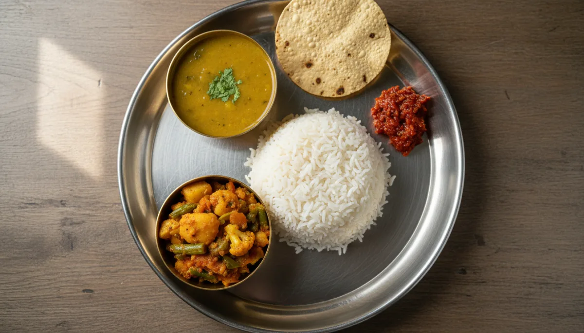Authentic Nepalese Dal Bhat: Lentil Soup, Rice, Vegetable Curry, and Pickle