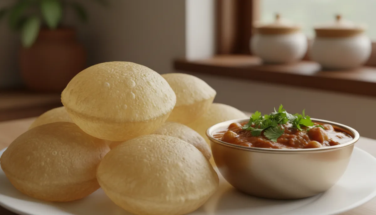 Puri Nepalês com Ghugni (Pão Frito com Caril de Grão-de-Bico)