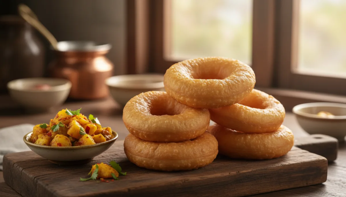 Sel Roti Nepalês (Donuts de Farinha de Arroz) com Aloo Achar (Picles de Batata)