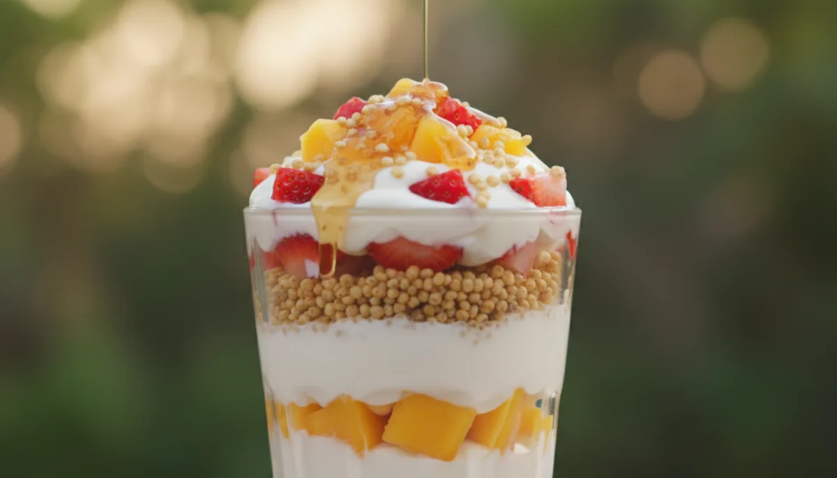 Parfait Nepalês de Iogurte e Frutas com Painço Tostado e Mel