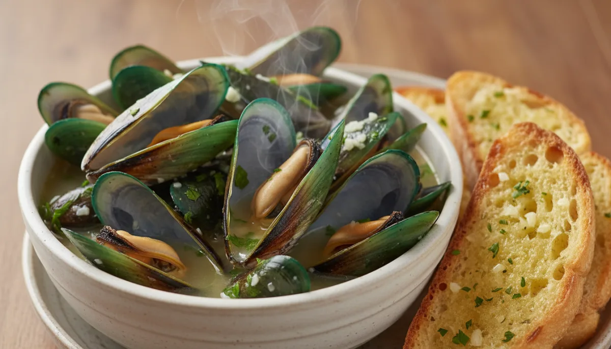 Neuseeländische Grünlippmuscheln gedämpft mit Sauvignon Blanc und Knoblauchbrot