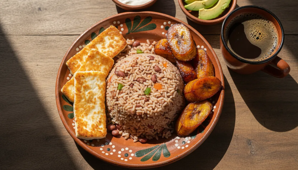 Nicaraguan Desayuno Nica with Gallopinto, Fried Cheese, and Plantains