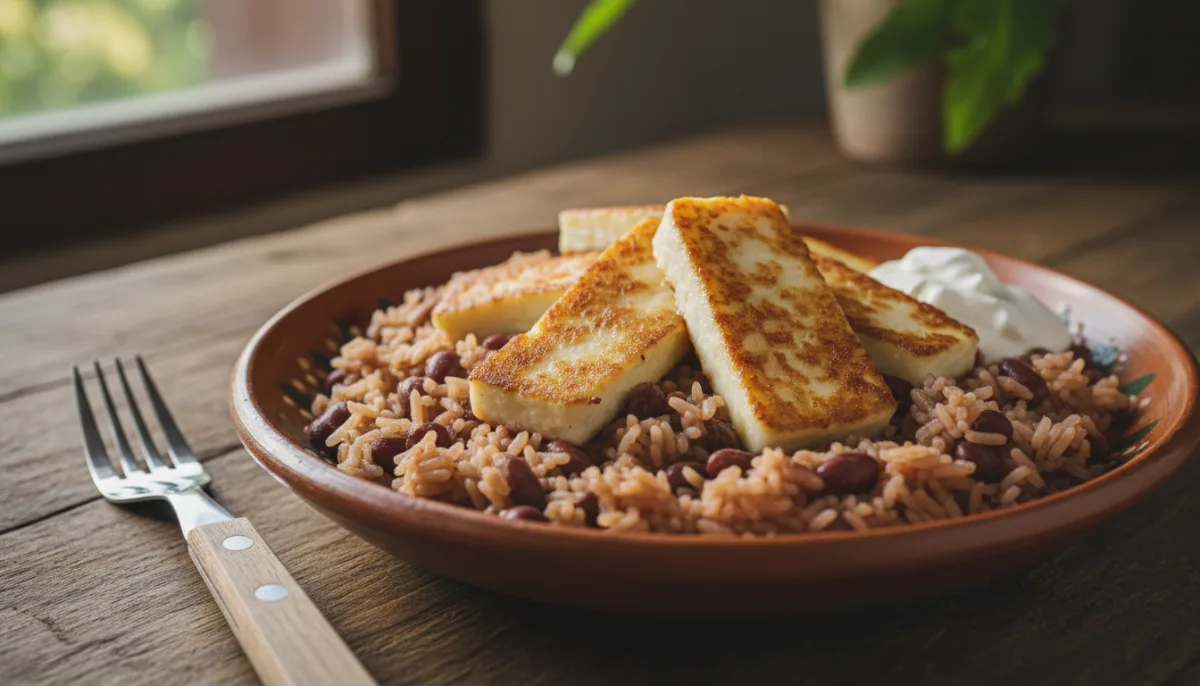 Nicaraguan Gallo Pinto with Crispy Fried Cheese and Cream