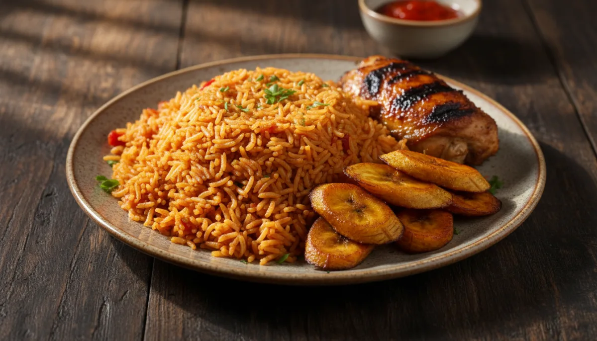 Oriz Jollof Nigerian me Plantain të Skuqur dhe Pulë