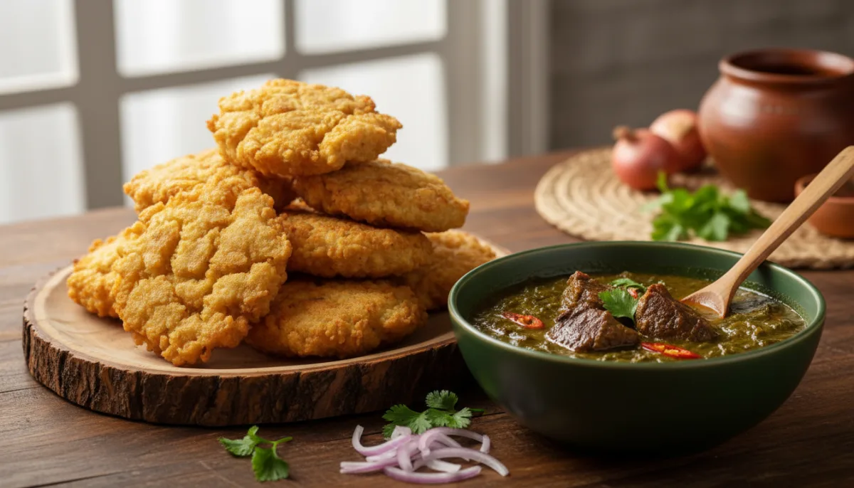 Nigerian Masa (Rice Fritters) with Miyan Kuka (Baobab Leaf Soup)