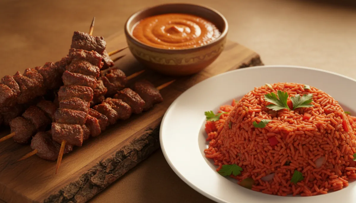 Nigerianische Suya-Spieße mit scharfer Erdnusssauce und Jollof-Reis