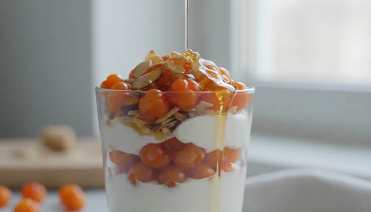 Nordic Cloudberry Parfait with Toasted Almonds and Honey Drizzle