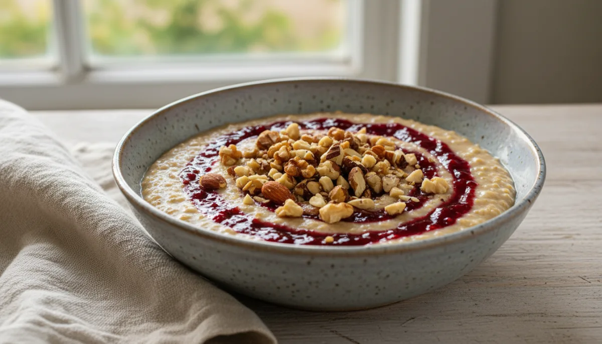 Hearty Lingonberry Oat Porridge with Toasted Nuts