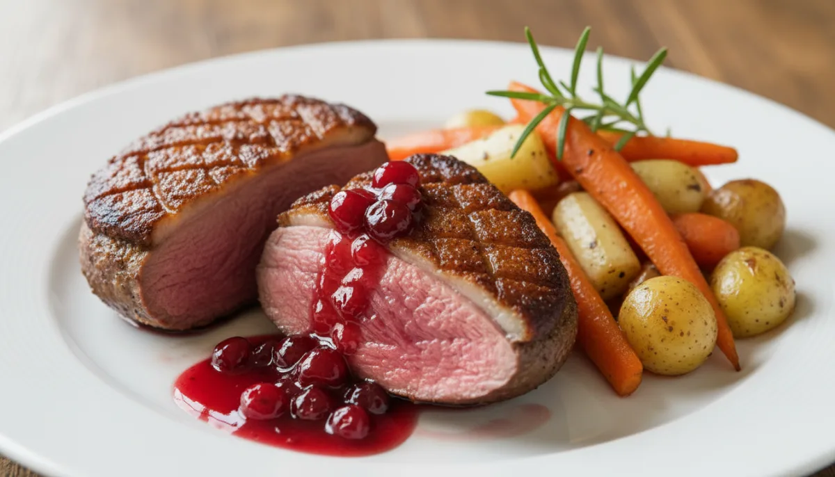 Pan-Seared Duck Breast with Lingonberry Glaze and Roasted Root Vegetables