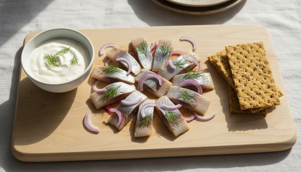 Nordic Pickled Herring Platter with Crispbread and Sour Cream