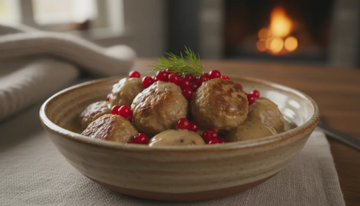 Traditional Nordic Reindeer Meatballs with Cream Sauce and Lingonberries