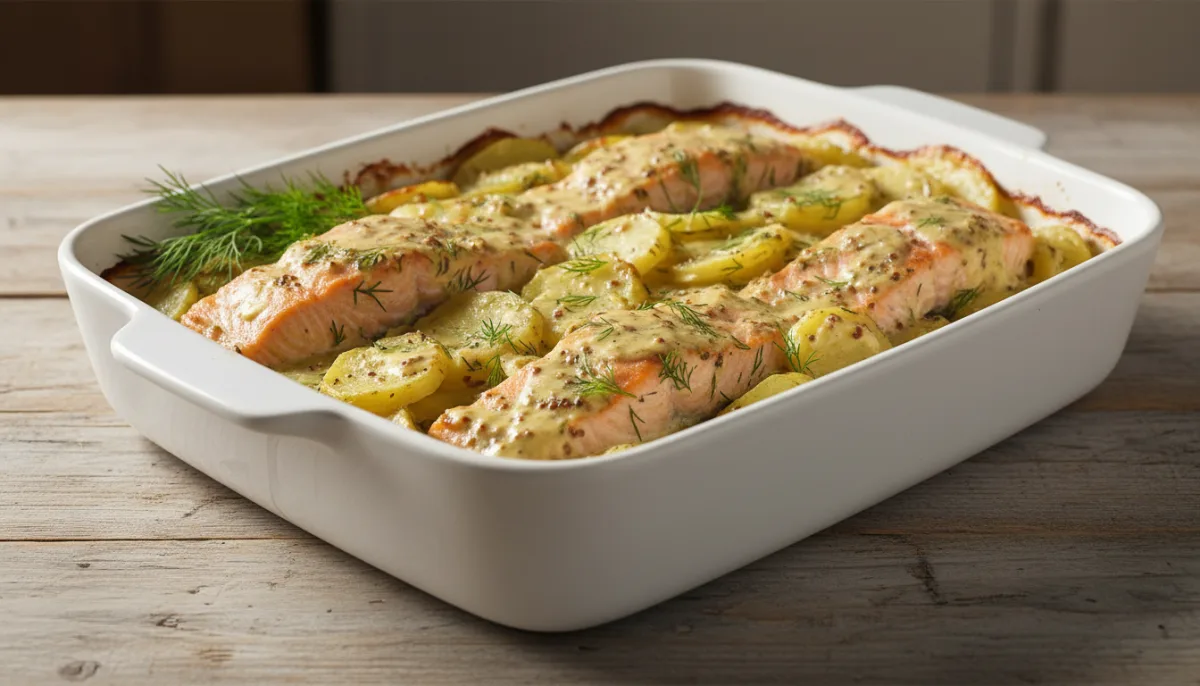 Nordic Salmon and Potato Bake with Dill and Mustard Sauce