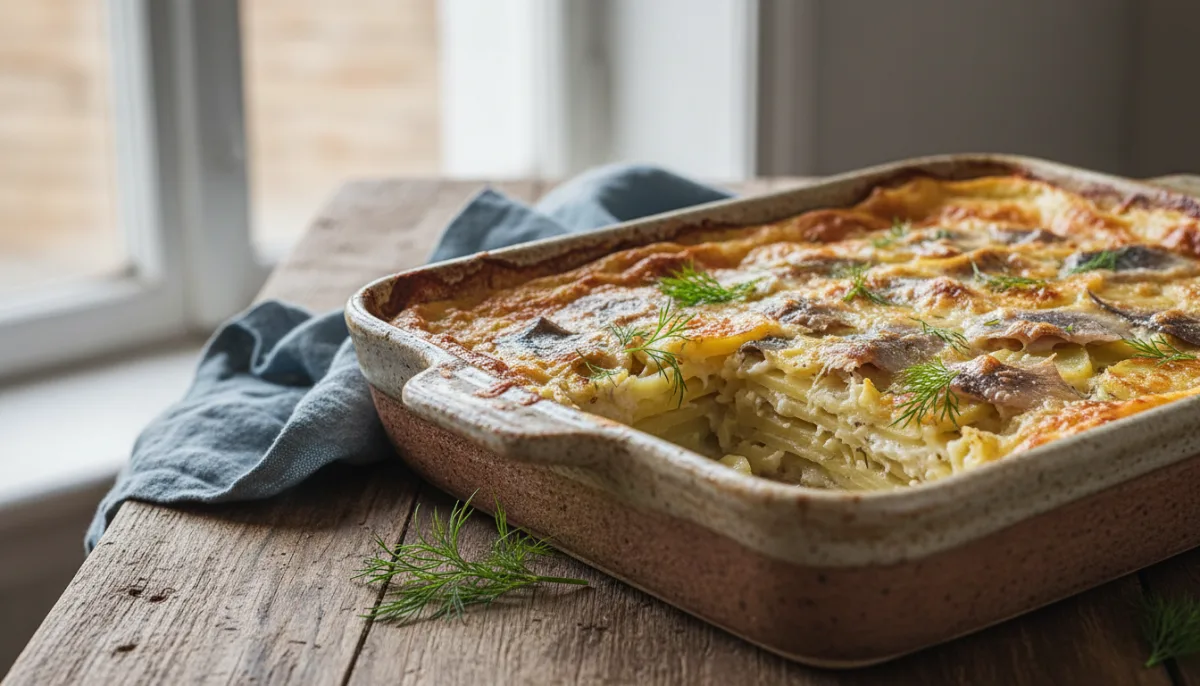 Hearty Nordic Smoked Herring and Potato Gratin with Fresh Dill Cream