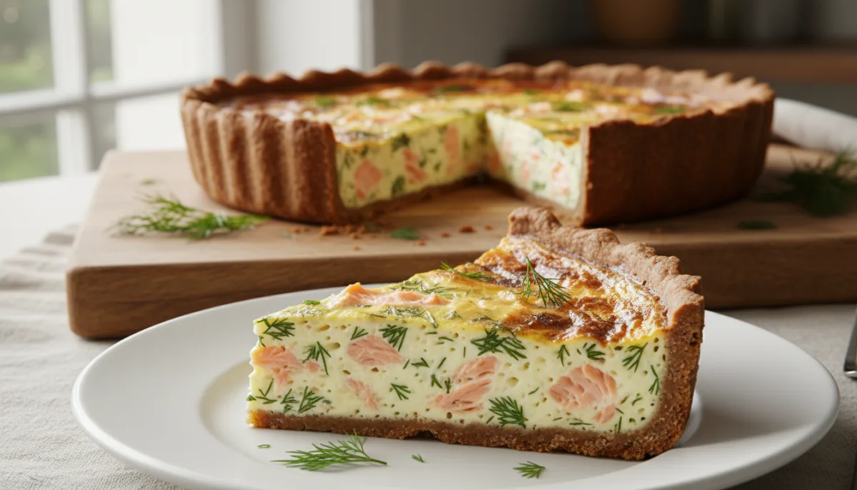 Nordische Räucherlachs-Dill-Quiche mit Roggenkruste