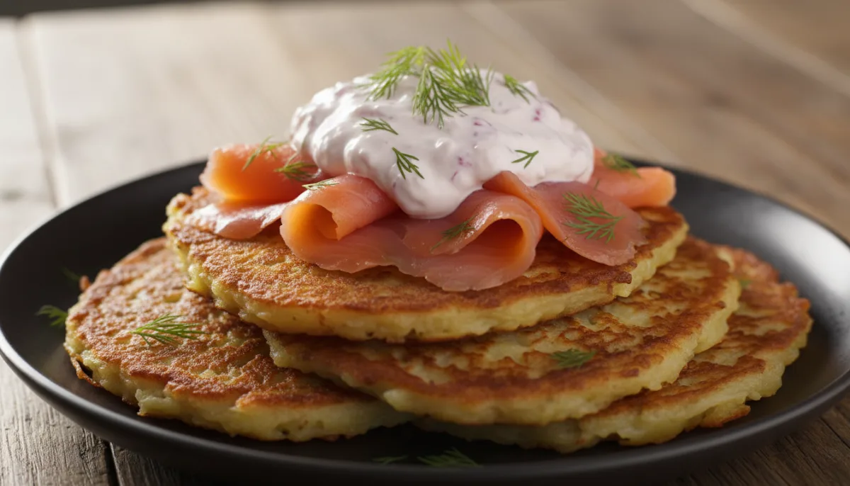 Petulla Nordike Patatesh me Salmon të Tymosur dhe Salcë Kosi me Lingonberry