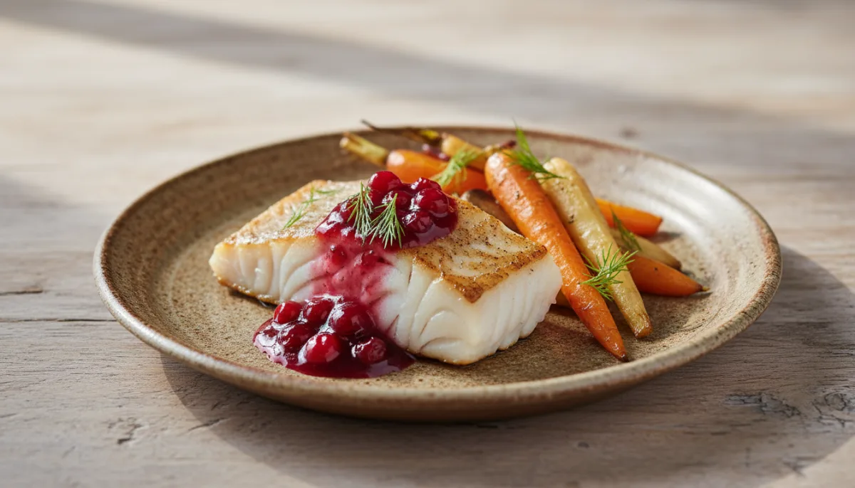Cabillaud Norvégien Écailleux, Sauce aux Airelles et Légumes Racines Rôtis